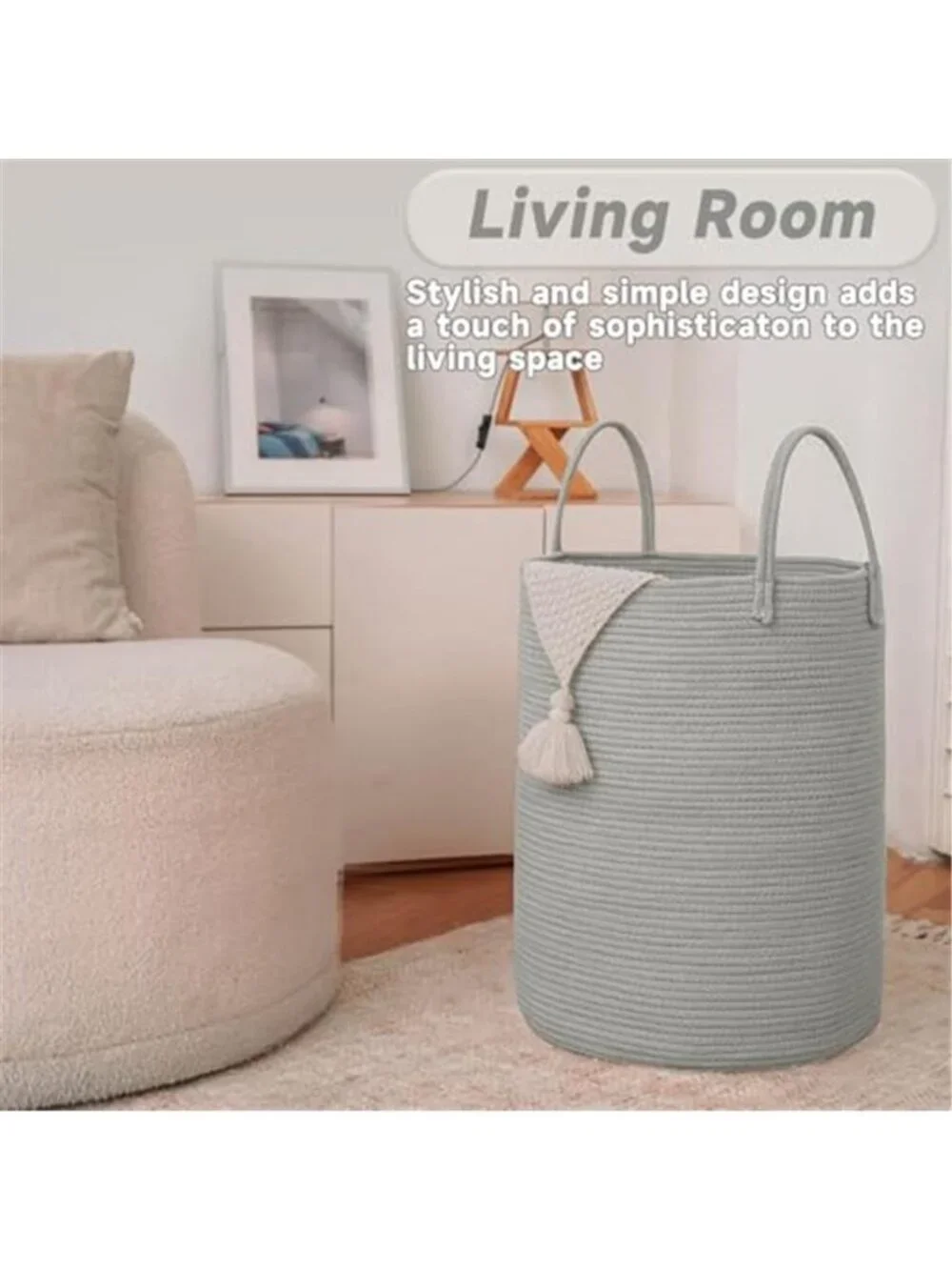 New 60L Cotton Rope Laundry Basket Hamper, Grey